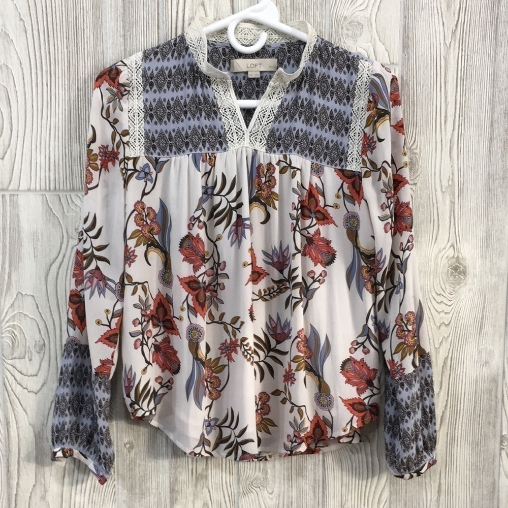 LOFT Floral Colorful Lightweight Long Sleeve Blouse Top XXSP